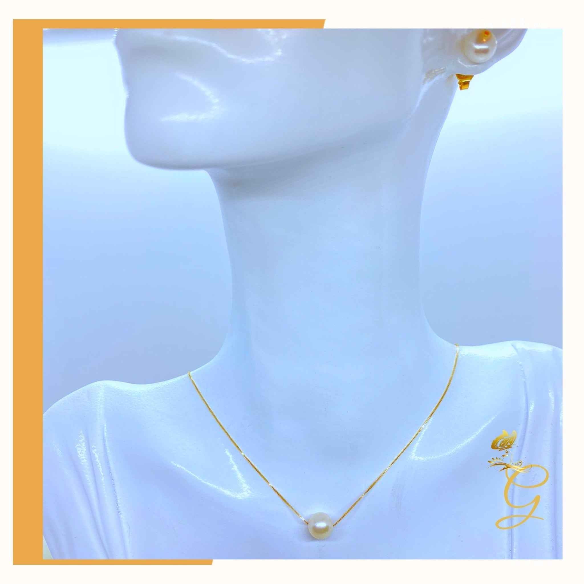18K Real Gold White Pearl Earrings &amp; Necklace Set (18”)