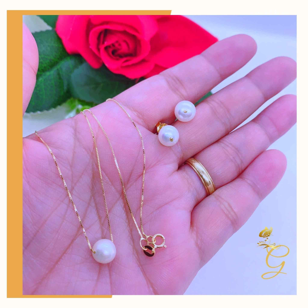 18K Real Gold White Pearl Earrings &amp; Necklace Set (18”)