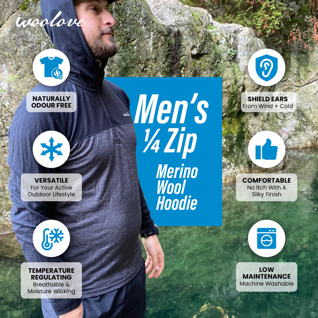 Men's Merino Wool 1/4 Zip Hoodie — Midweight