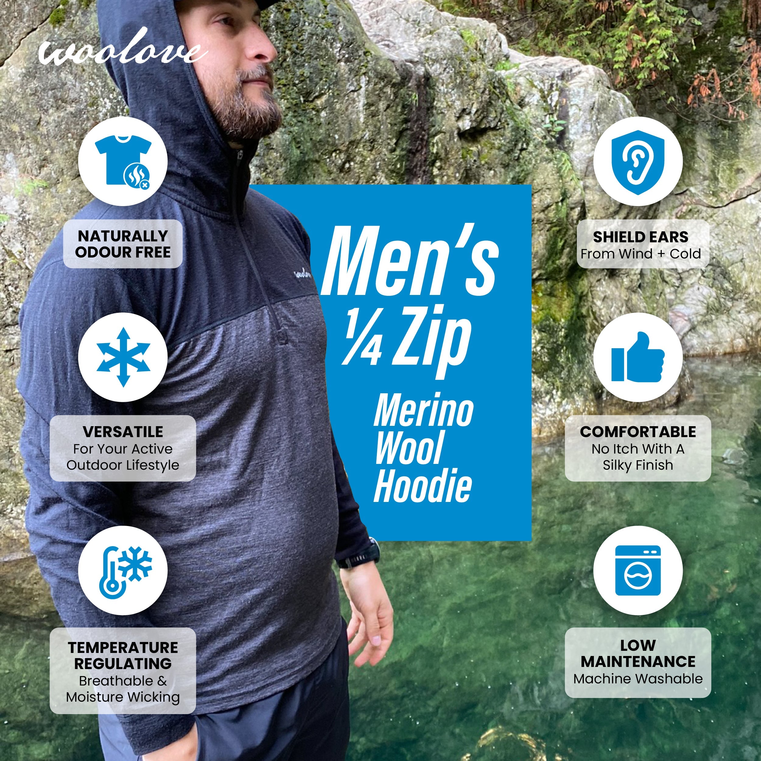 Men's Merino Wool 1/4 Zip Hoodie — Midweight