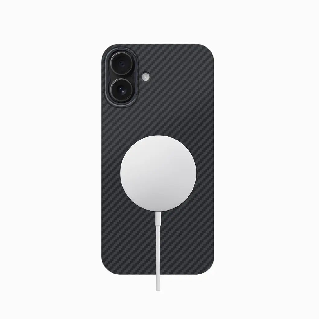 Carbon Loom Real Aramid Fiber iPhone 16 case featuring a slim, protective design with a magnetic closure and textured surface.