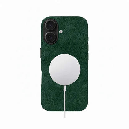 Green Alcantara iPhone 16 case by Carbon Loom, showcasing a sleek, stylish protective cover with a magnetic closure.