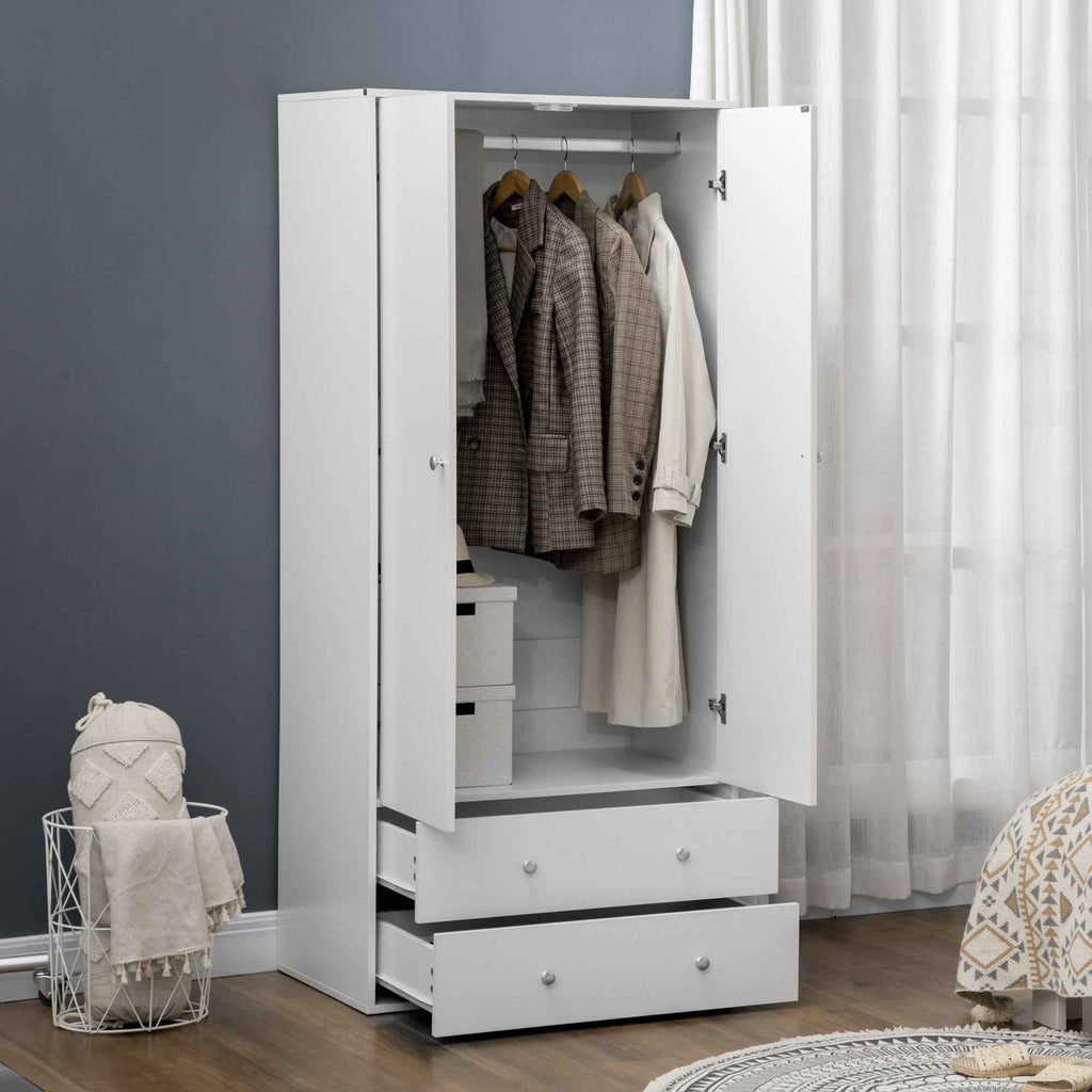 Briar Modern Wardrobe Closet with 2 Drawers and Hanging Rod-White