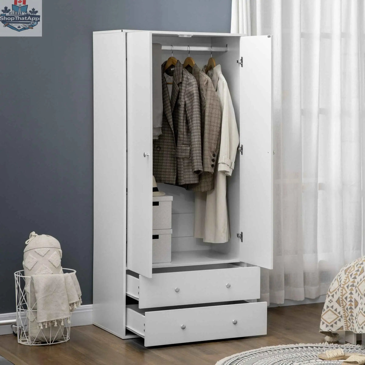 White Briar Modern Wardrobe by SLOTH Nation featuring two drawers and hanging rod for bedroom storage.