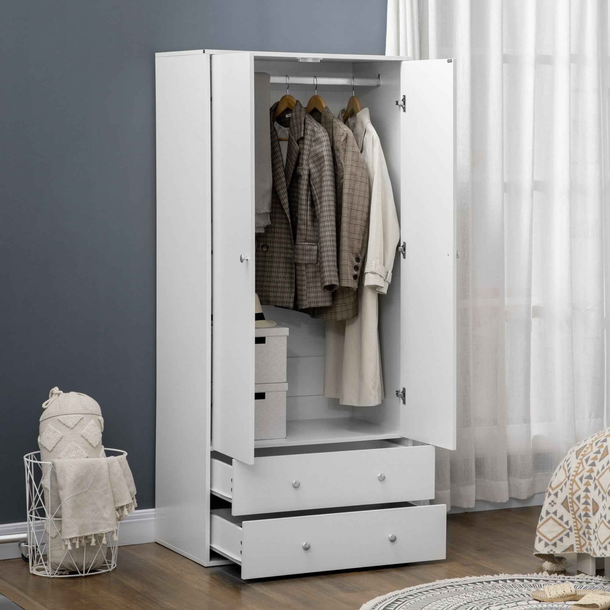 Briar Modern Wardrobe Closet with 2 Drawers and Hanging Rod-White