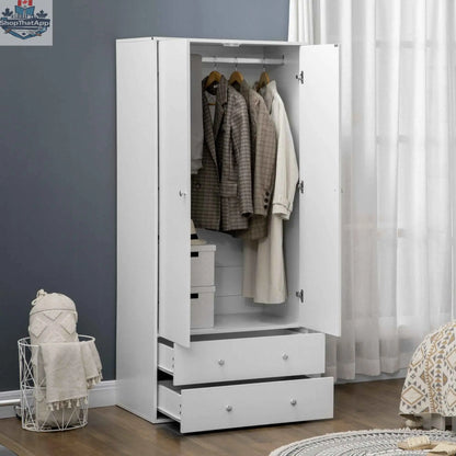 White Briar Modern Wardrobe by SLOTH Nation featuring two drawers and hanging rod for bedroom storage.