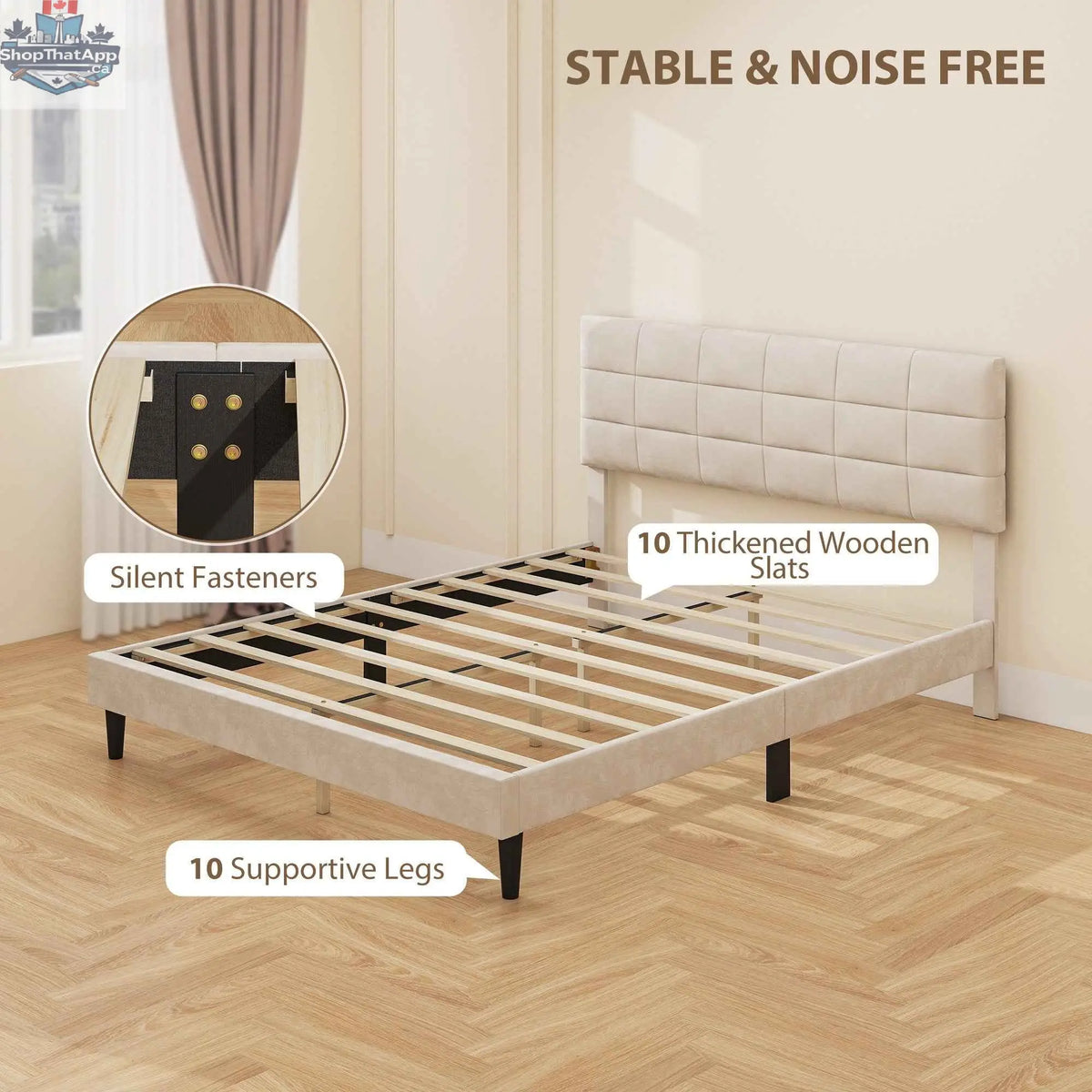 SLOTH Nation Harper queen size bed frame with upholstered cream white headboard and sturdy wooden legs in a modern bedroom setting.