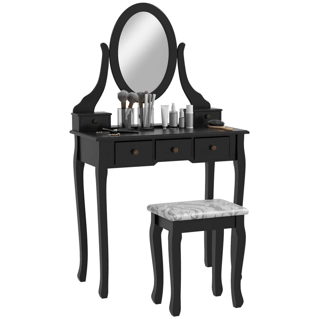 Emma Vanity Desk with Padded Stool and 360° Rotating Oval Mirror-Black