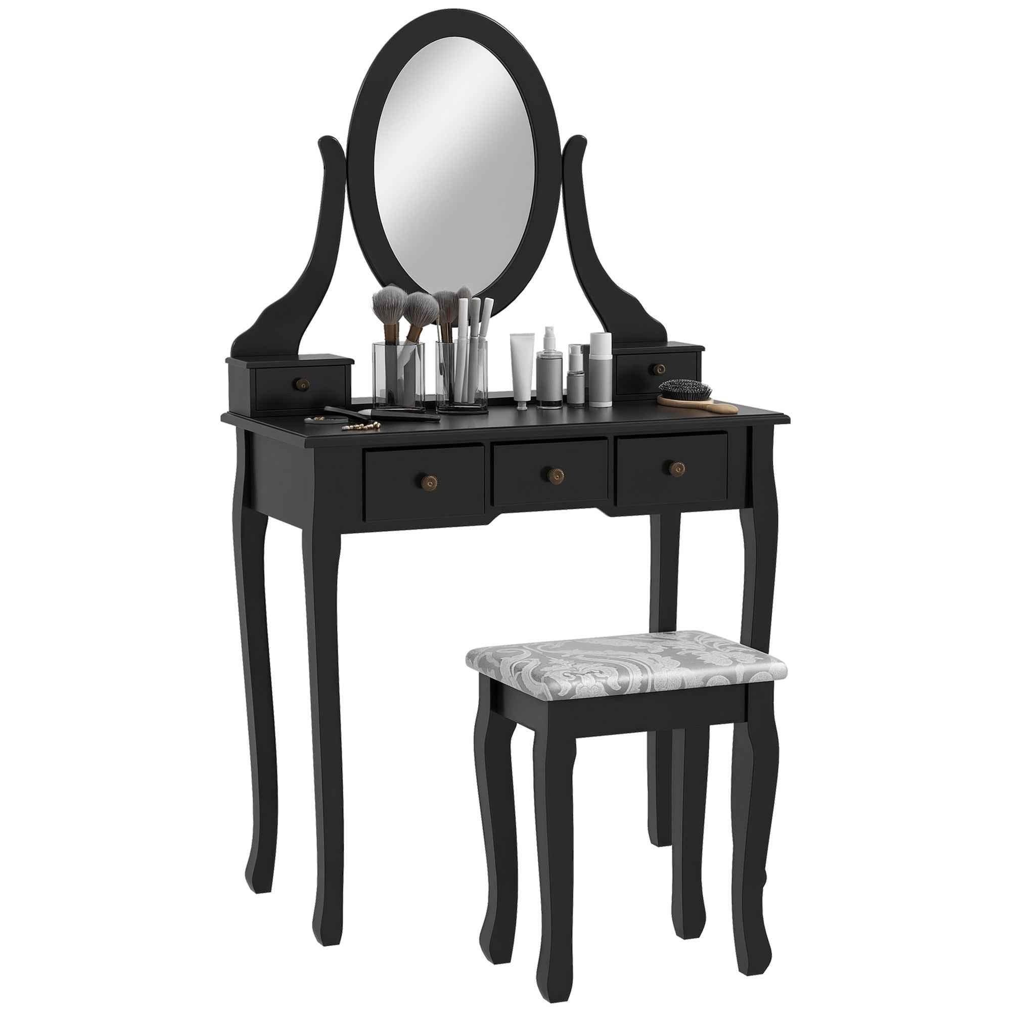 Emma Vanity Desk with Padded Stool and 360° Rotating Oval Mirror-Black