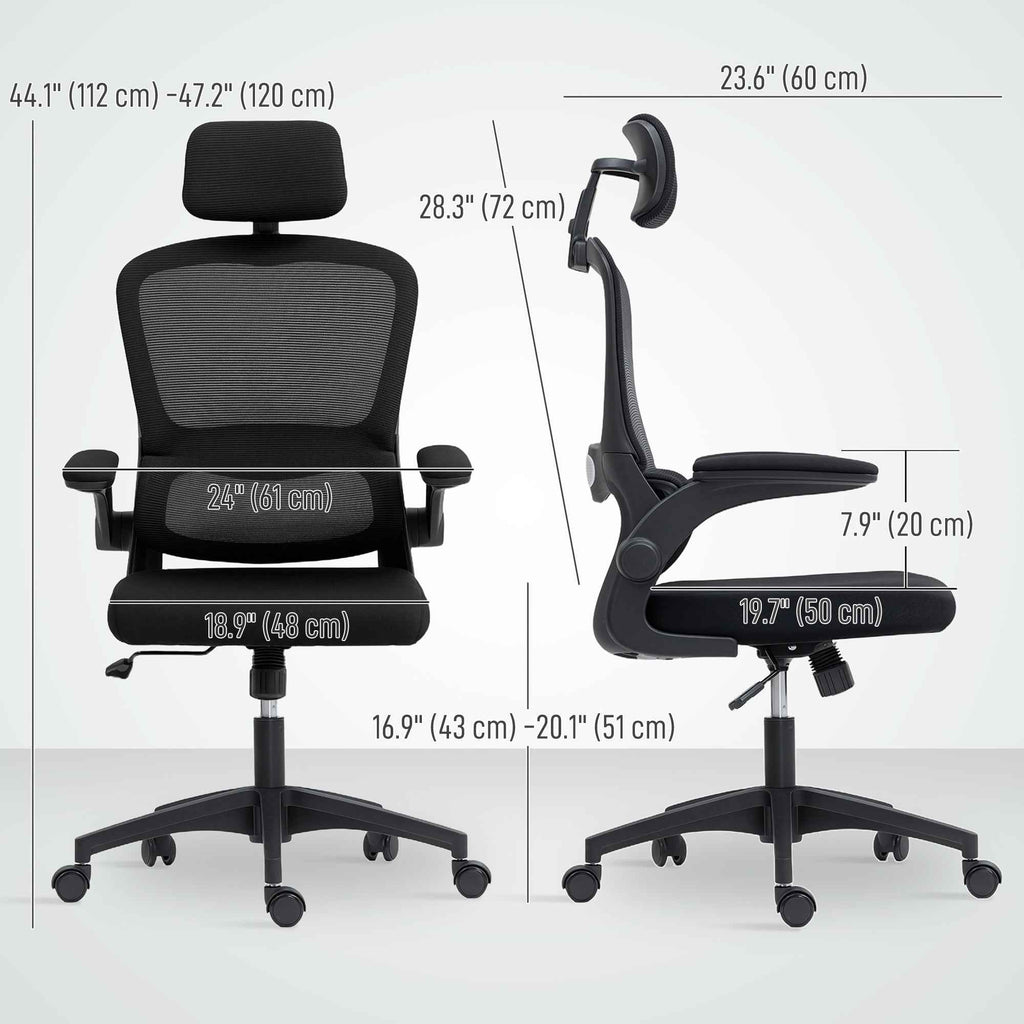Owen Ergonomic Mesh Office Chair with High Back, Rotatable Headrest, Flip-Up Armrests and Lumbar Support-Black