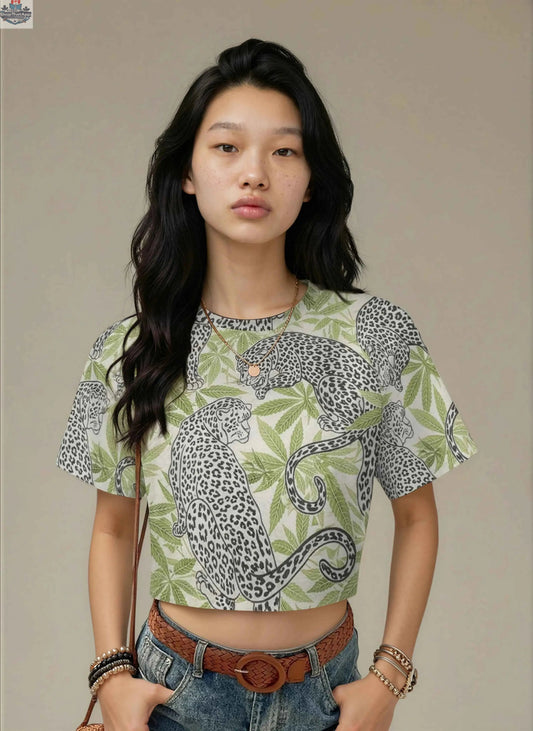 Leopard print cropped athletic T-shirt by JANE DOPE, stylish and fitted for fashion-forward activewear look.