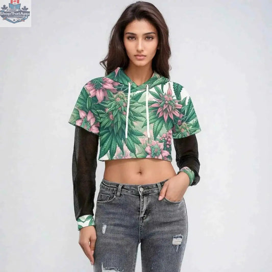 Pink Haze mesh sleeve cropped hoodie by JANE DOPE paired with silver cannabis leaf earrings, featuring a stylish, casual look.