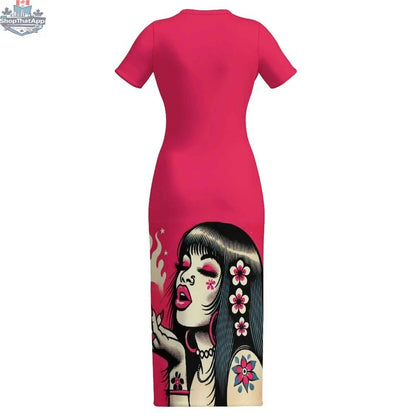 Pink Diesel midi dress by JANE DOPE, stylish bodycon midi dress perfect for different occasions, shown on a model.