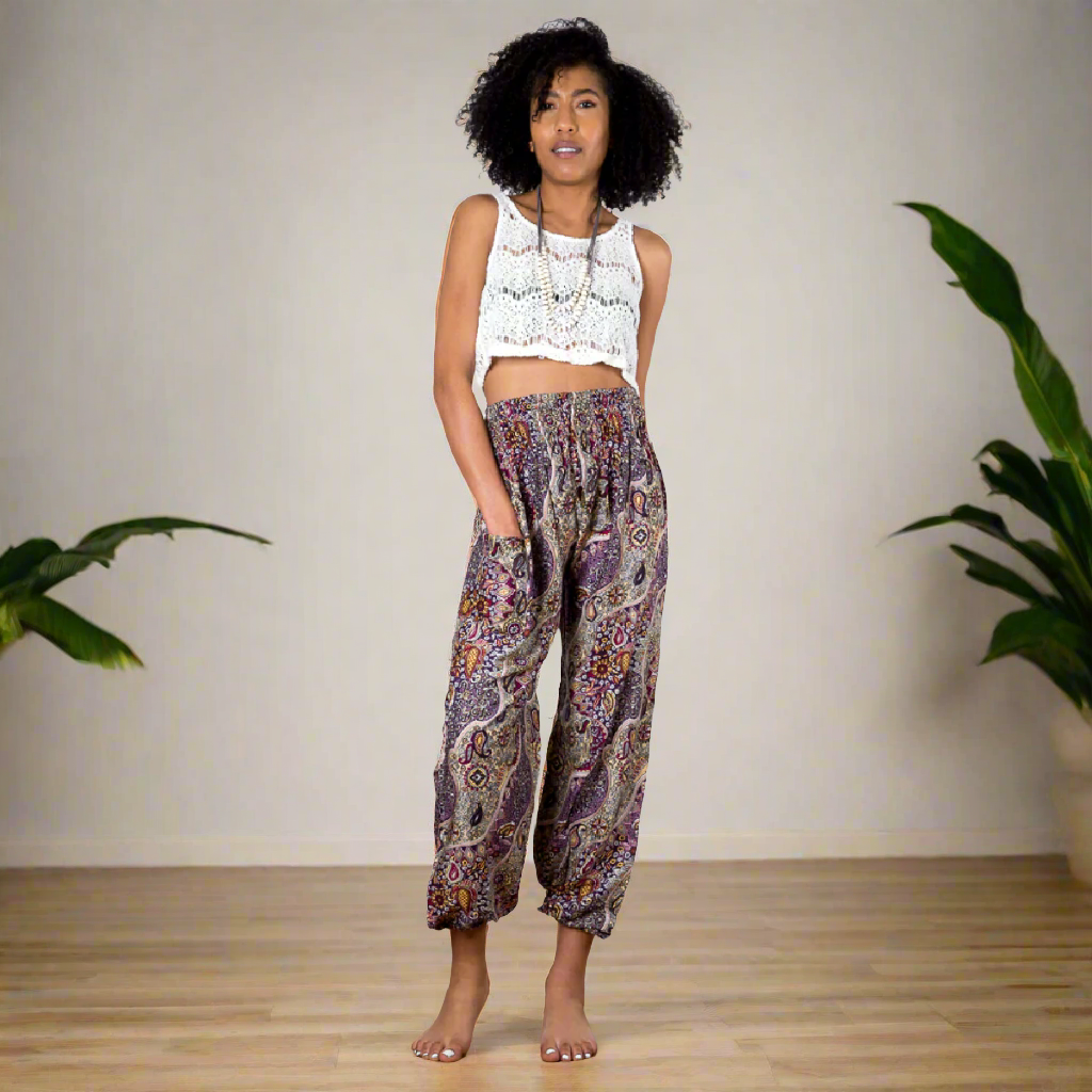 Purple Paisley Print Pants for Boho Chic Style - Shopthatapp.ca