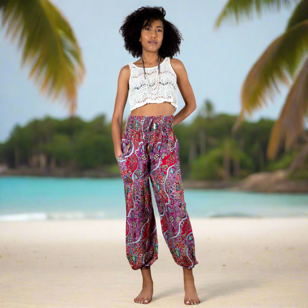 Red Pink Paisley Print Pants for Stylish Comfort and Versatility - Shopthatapp.ca