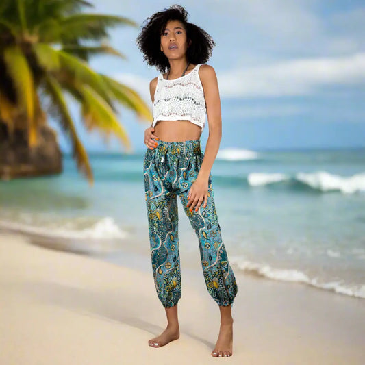 Blue Gold Print Bali Pants by Suzie Blue Canada featuring relaxed fit and vibrant design, perfect for effortless style and comfort.