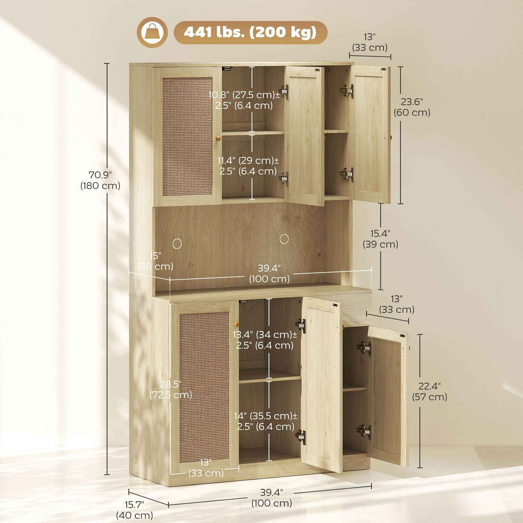 Milan Boho Kitchen Pantry Cabinet with Decorative Rattan Doors-Natural