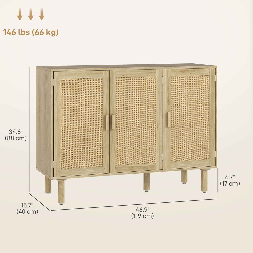 Quinn Bohemian 46.9" Hallway Cabinet/Sideboard with 3 Rattan Doors-Oak