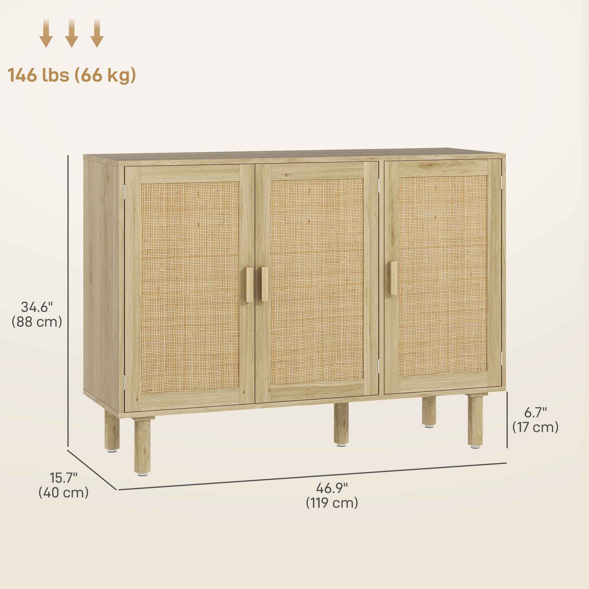 Quinn Bohemian 46.9" Hallway Cabinet/Sideboard with 3 Rattan Doors-Oak