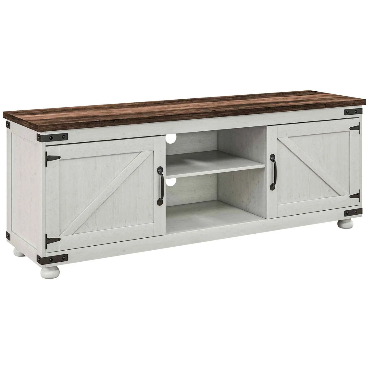 Kirby Farmhouse TV stand by SLOTH Nation with distressed white finish and small minimalist barn doors for TVs up to 65 inches