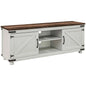 Kirby Farmhouse TV stand by SLOTH Nation with distressed white finish and small minimalist barn doors for TVs up to 65 inches