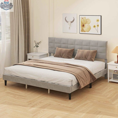 Grey upholstered Harper king size bed frame with headboard from SLOTH Nation, showcasing a modern design and sturdy structure.