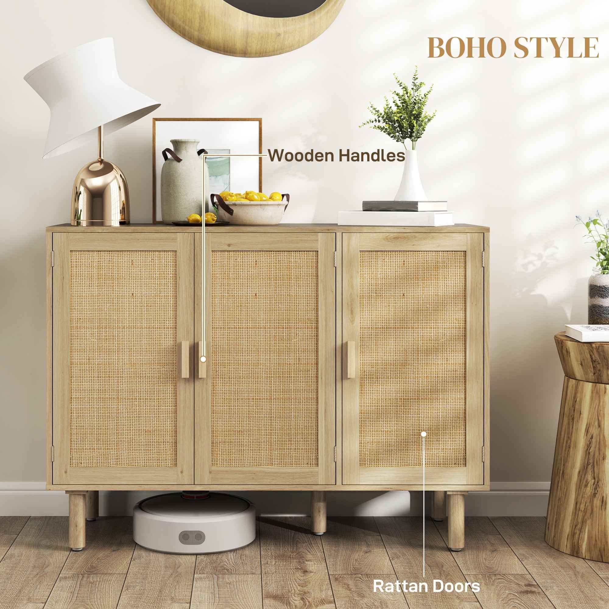 Quinn Bohemian 46.9" Hallway Cabinet/Sideboard with 3 Rattan Doors-Oak