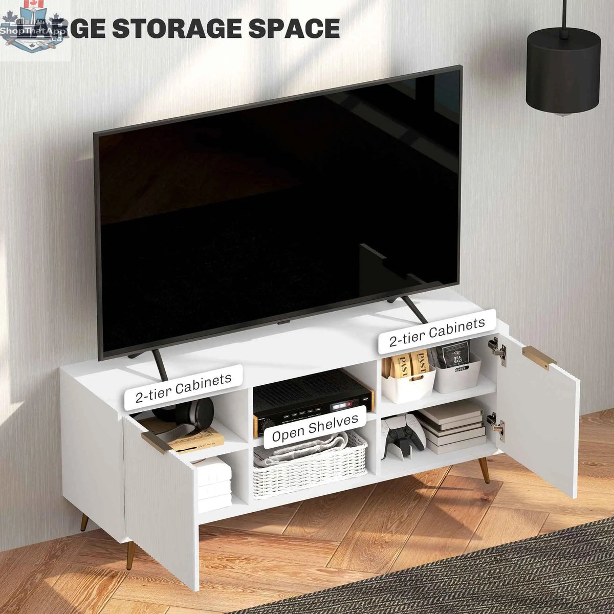 White Collins Modern TV stand by SLOTH Nation for up to 55-inch TVs, featuring a sleek design and ample storage for living room.