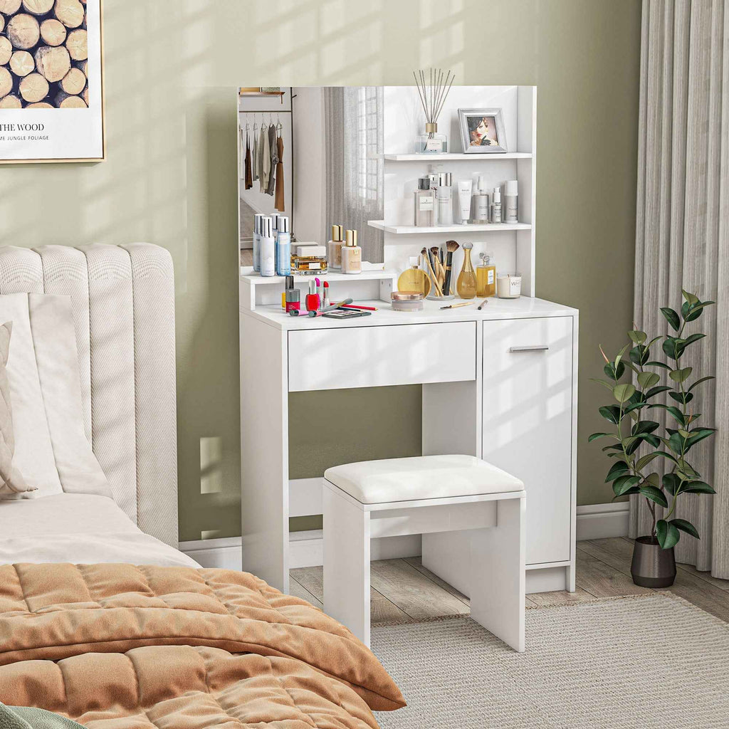Elise Makeup Vanity Set with Mirror, Stool and Adjustable Shelves-White