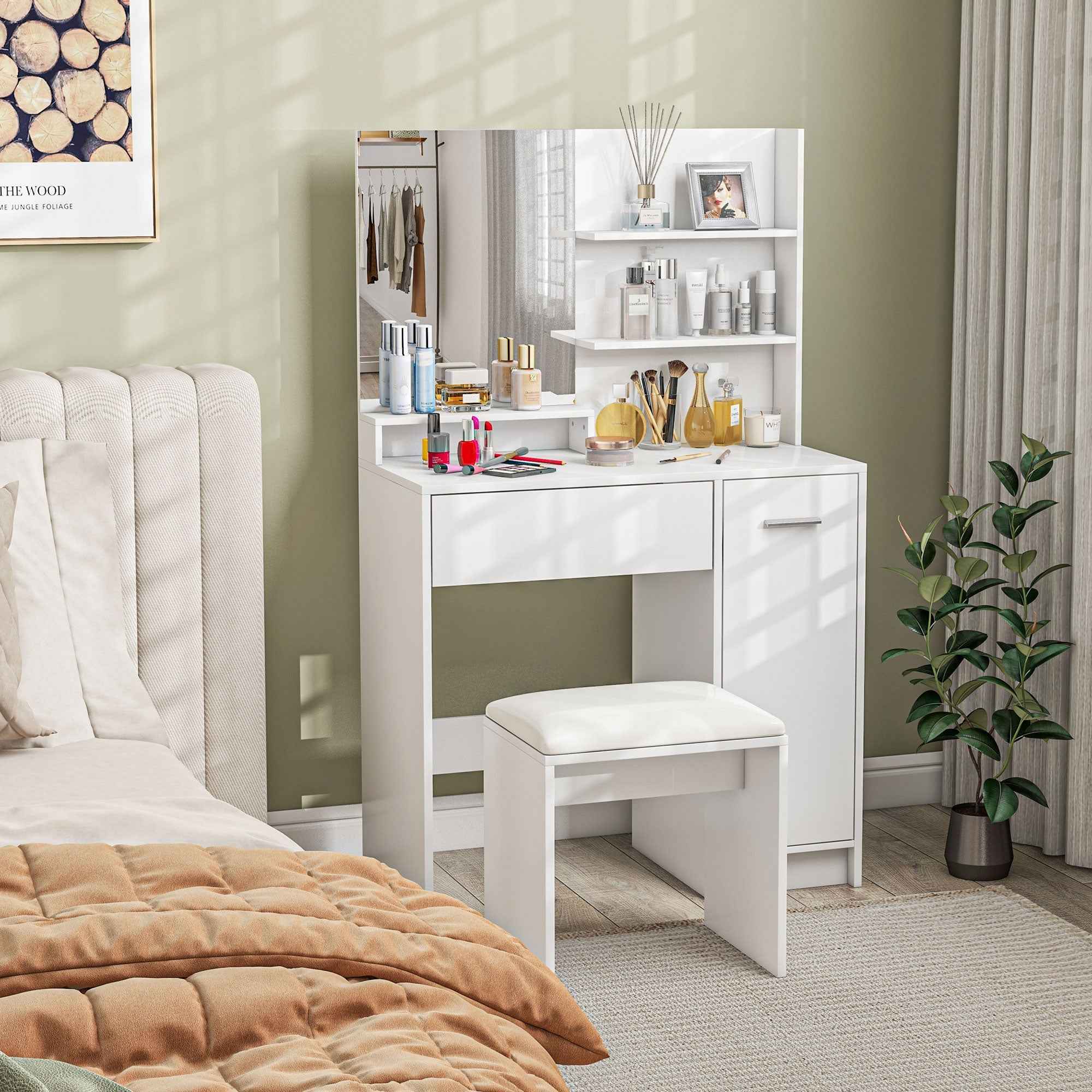 Elise Makeup Vanity Set with Mirror, Stool and Adjustable Shelves-White
