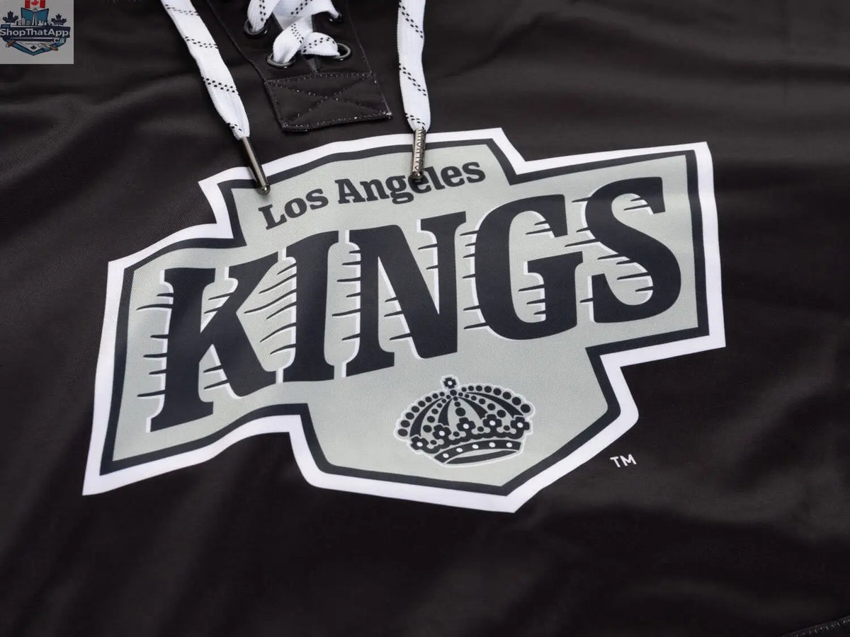 Los Angeles Kings hockey lace hoodie by Calhoun Surf N' Skate with detailed sublimation design, perfect match for Edmonton Oilers joggers.