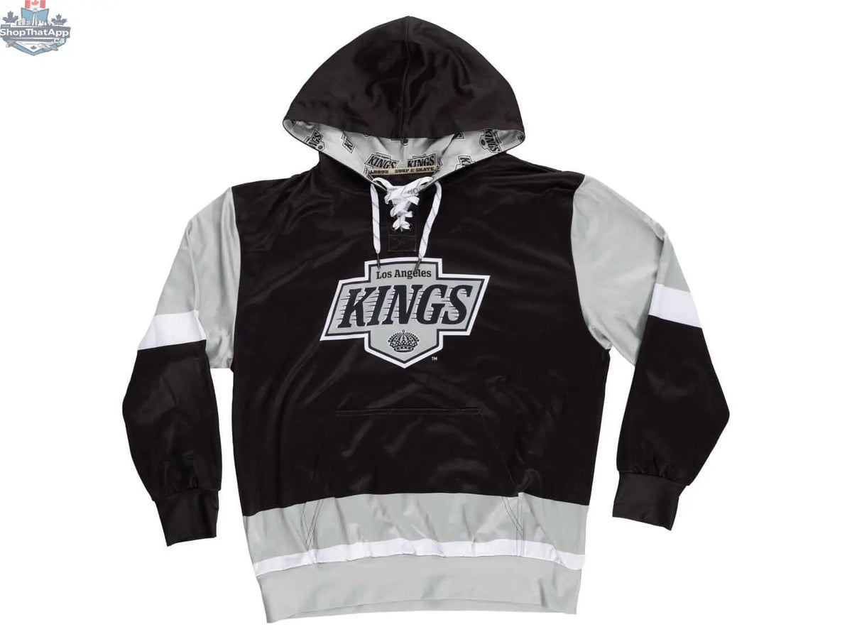 Los Angeles Kings hockey lace hoodie by Calhoun Surf N' Skate with sublimation design, shown flat on a white background.