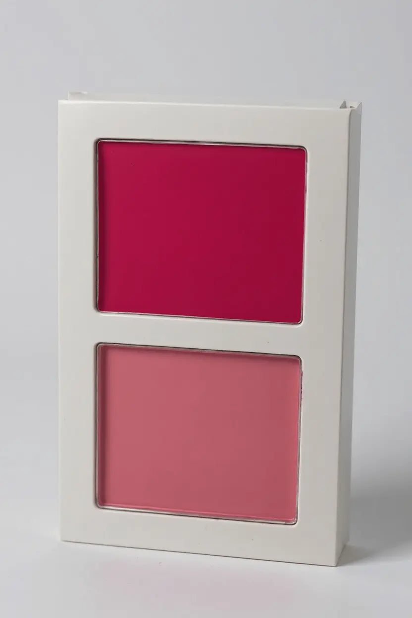 FencyGrace Blush Double Crémeux & Poudre kit featuring intense pigmented blush, rose lip gloss, and makeup tools.