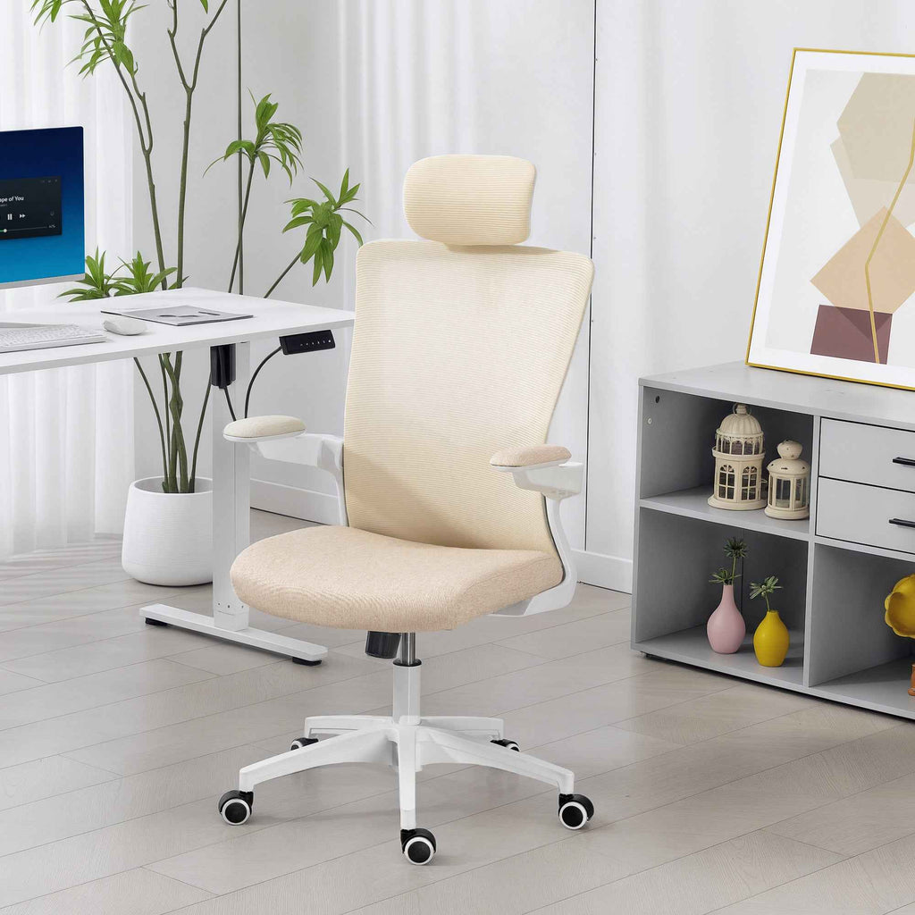 Andre Ergonomic Office Chair with 2D Lumbar Support and adjustable Headrest-Beige/White