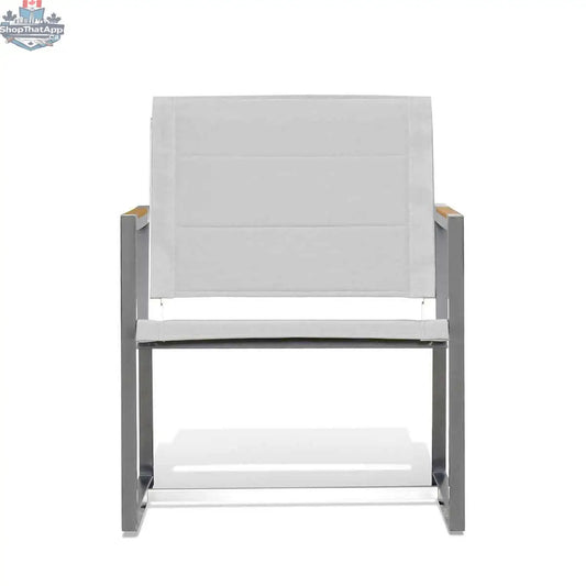 Krikacy pine stainless steel outdoor chair with sling seat and teak wood accents, designed for comfort and stylish outdoor lounging.