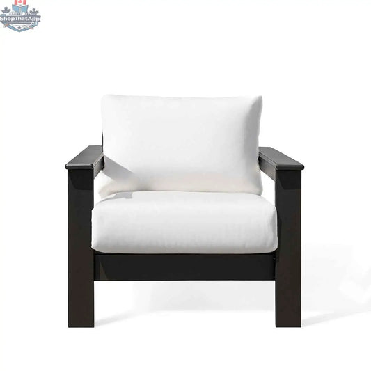 Krikacy Hickory outdoor club chair with black marine-grade polymer frame and white Sunbrella® cushions, front view.