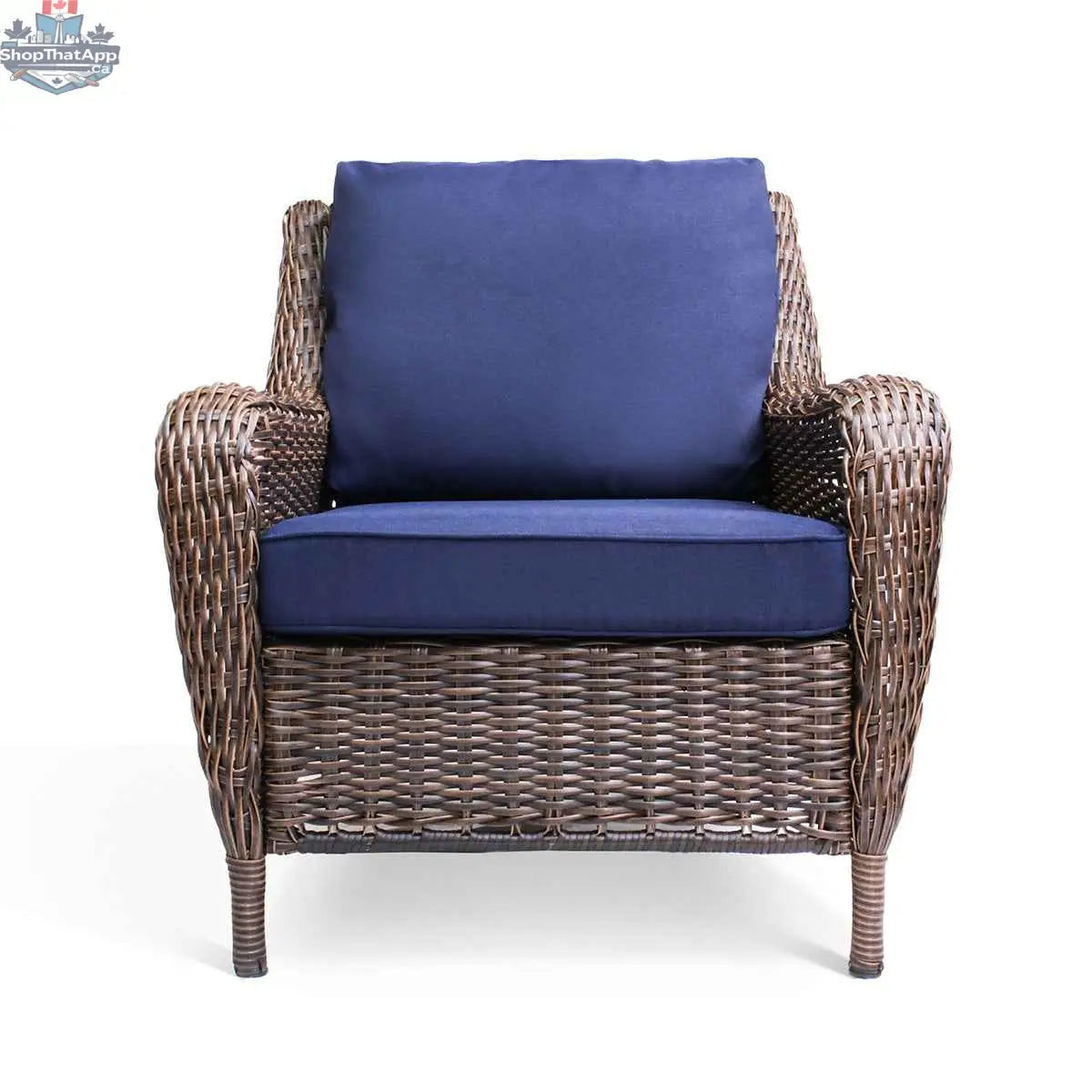 Krikacy Cambridge brown wicker outdoor club chair with indigo cushions, stylish patio furniture for outdoor relaxation.