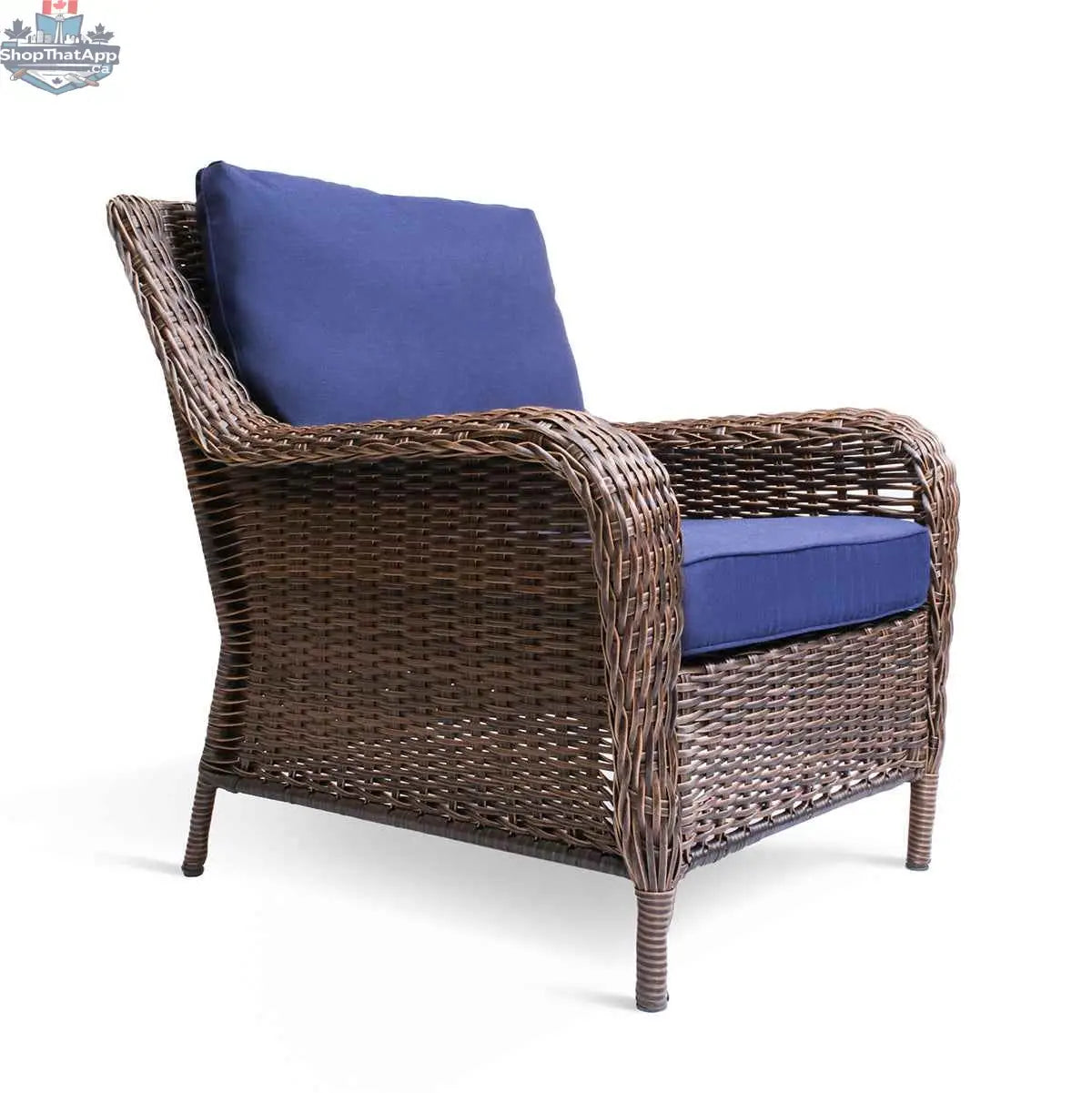 Krikacy Cambridge brown wicker outdoor club chair with indigo cushions for stylish patio comfort and outdoor relaxation.