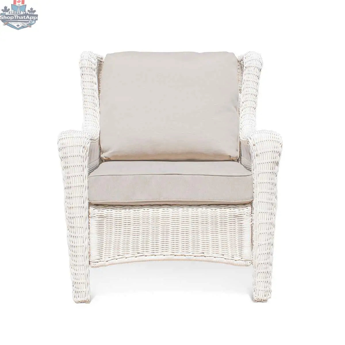Krikacy Park Meadows white wicker outdoor club chair with plush cushion, stylish and durable patio seating for outdoor relaxation.
