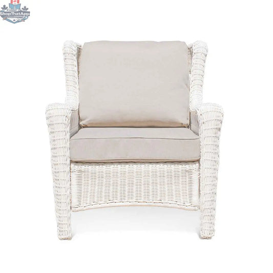 Krikacy Park Meadows white wicker outdoor club chair with plush cushion, stylish and durable patio seating for outdoor relaxation.