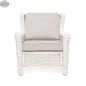 Krikacy Park Meadows white wicker outdoor club chair with plush cushion, stylish and durable patio seating for outdoor relaxation.