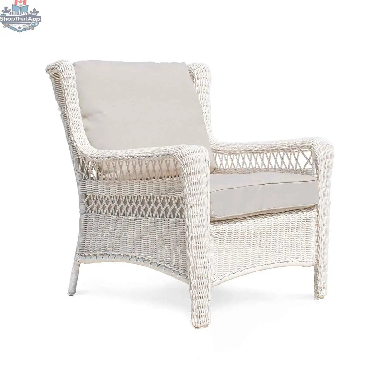 Krikacy Park Meadows white wicker outdoor club chair with plush cushions, stylish patio seating for outdoor relaxation.