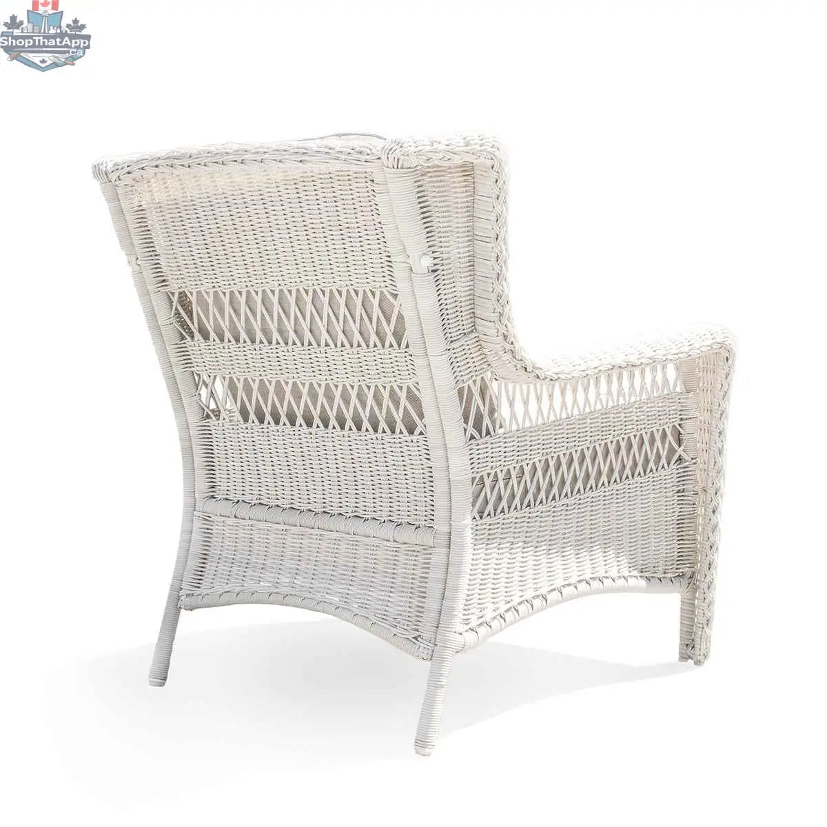 Krikacy Park Meadows white wicker outdoor club chair with plush cushion, stylish and durable patio seating for outdoor relaxation.