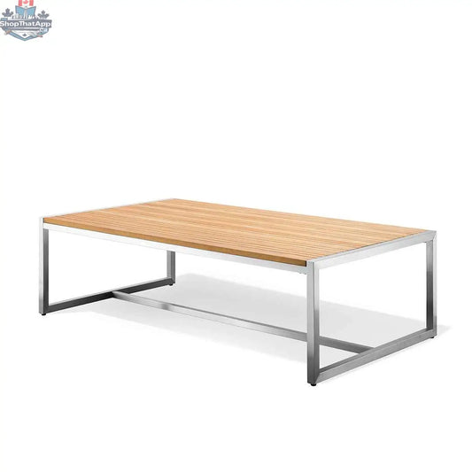 Krikacy outdoor coffee table with acacia wood, stainless steel frame, and teak top for stylish outdoor living spaces.