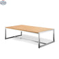 Krikacy outdoor coffee table with acacia wood, stainless steel frame, and teak top for stylish outdoor living spaces.
