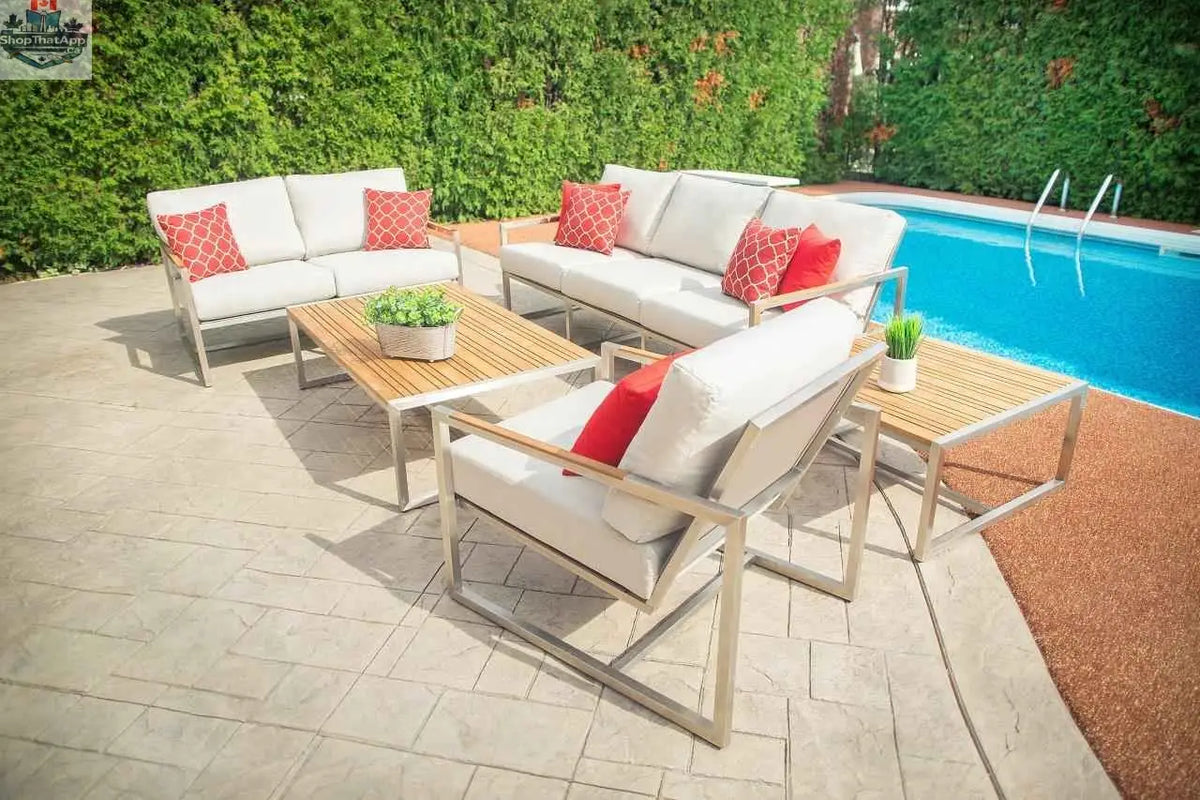 Krikacy acacia outdoor coffee table with stainless steel frame and teak top, stylish for outdoor living spaces.