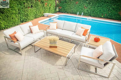 Krikacy acacia outdoor coffee table with stainless steel legs and teak top, stylish for outdoor living spaces