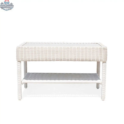 Krikacy Park Meadows white outdoor wicker coffee table with a slatted top for patio and garden outdoor living spaces.