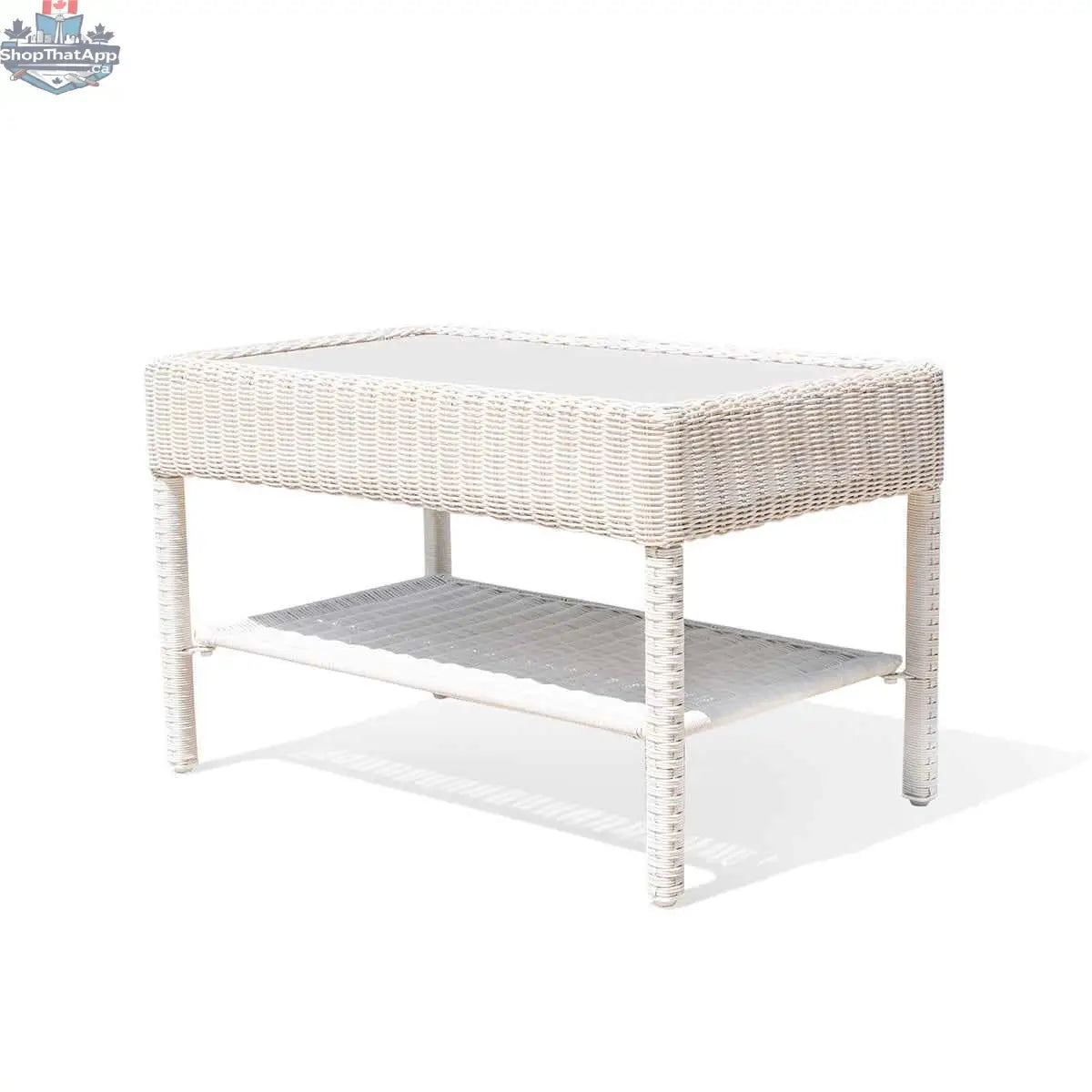 White wicker outdoor coffee table from Krikacy's Park Meadows collection, perfect for outdoor living spaces.