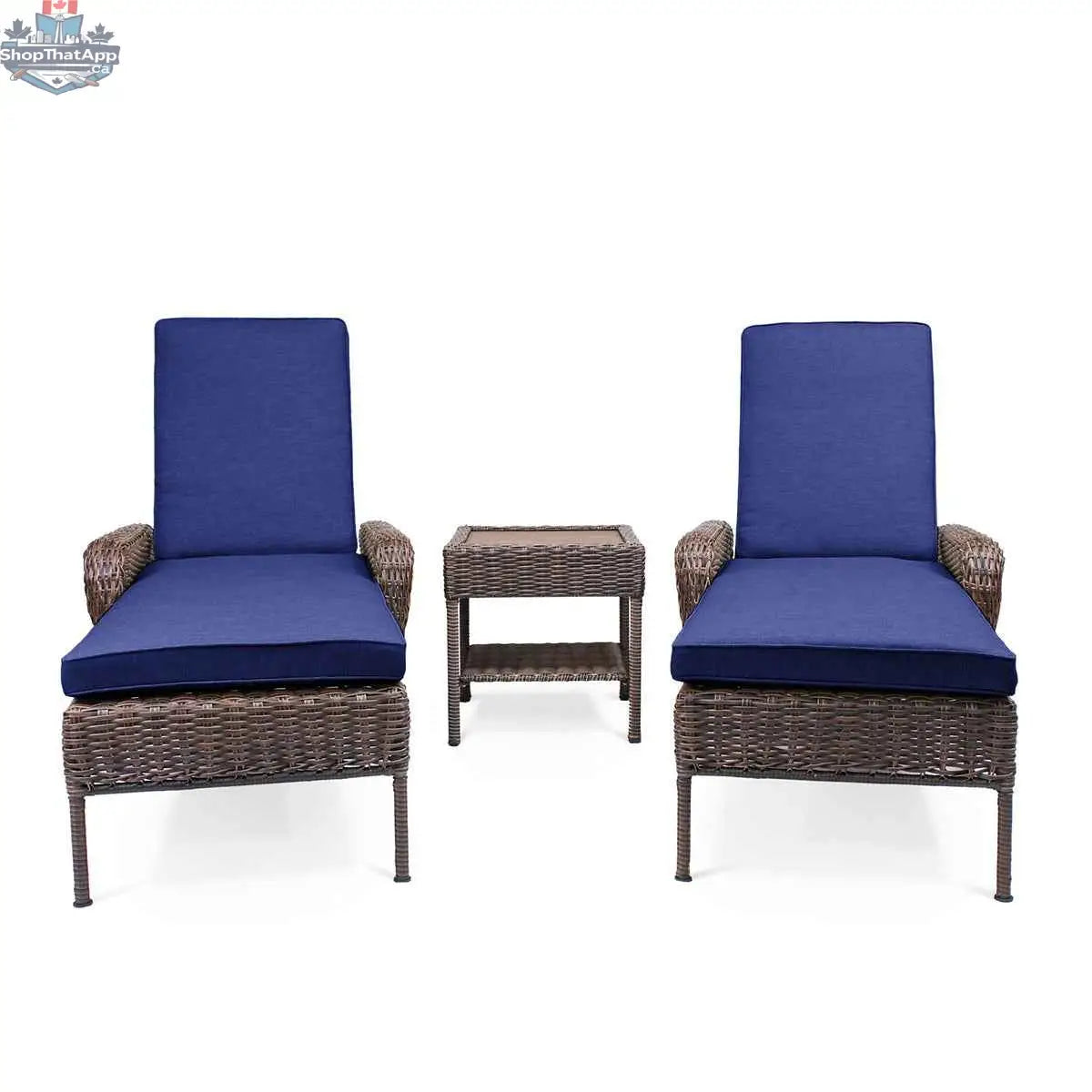 Krikacy Cambridge brown wicker outdoor chaise lounge set with indigo cushions, end table, perfect for relaxing outdoors